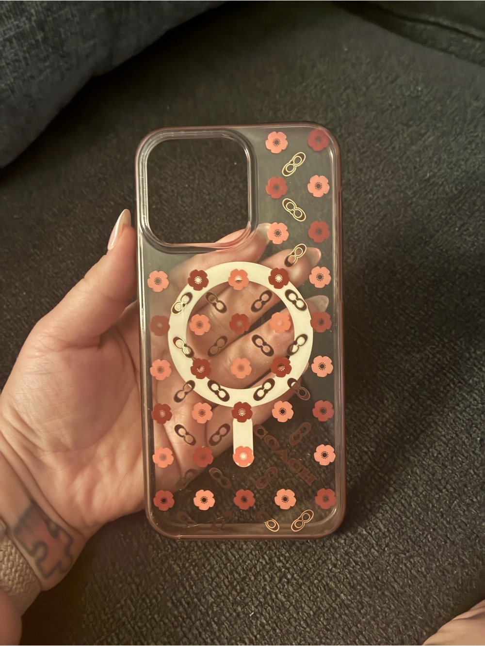 Coach Clear Floral Phone Case with Pink and Coral Accents